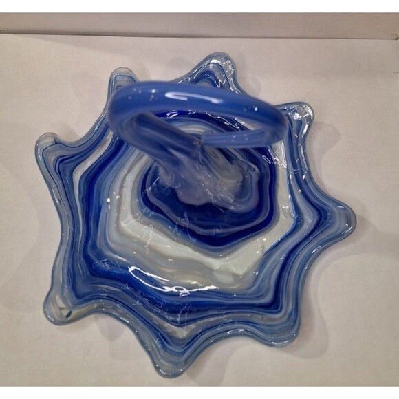 HANDMADE BLOWN SWIRL GLASS ART PIECE BLUE WHITE ONE-OF-A-KIND SERVING DISH - Picture 8 of 10